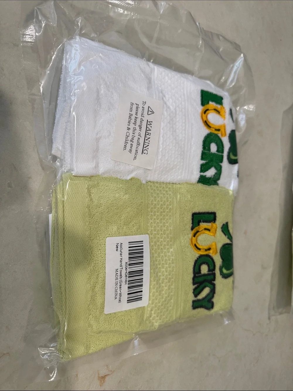 Lucky Embroidered Hand Towels - White & Light Green 3 sets  (Set of 2)